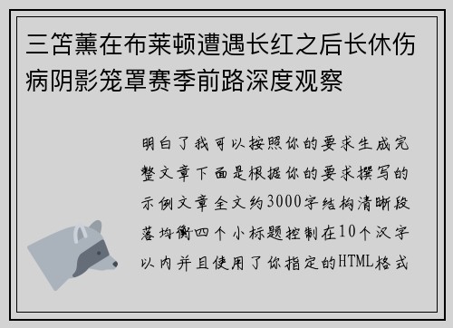 三笘薰在布莱顿遭遇长红之后长休伤病阴影笼罩赛季前路深度观察